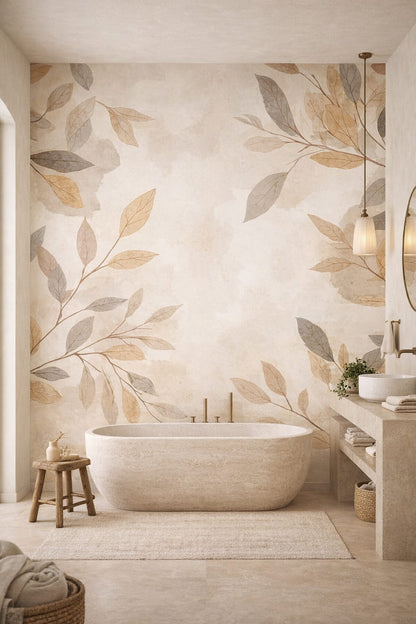 Mediterranean sand botanical leaves - Wall Mural Peel and Stick Wallpaper for Mediterranean Modern Luxury Bathroom.