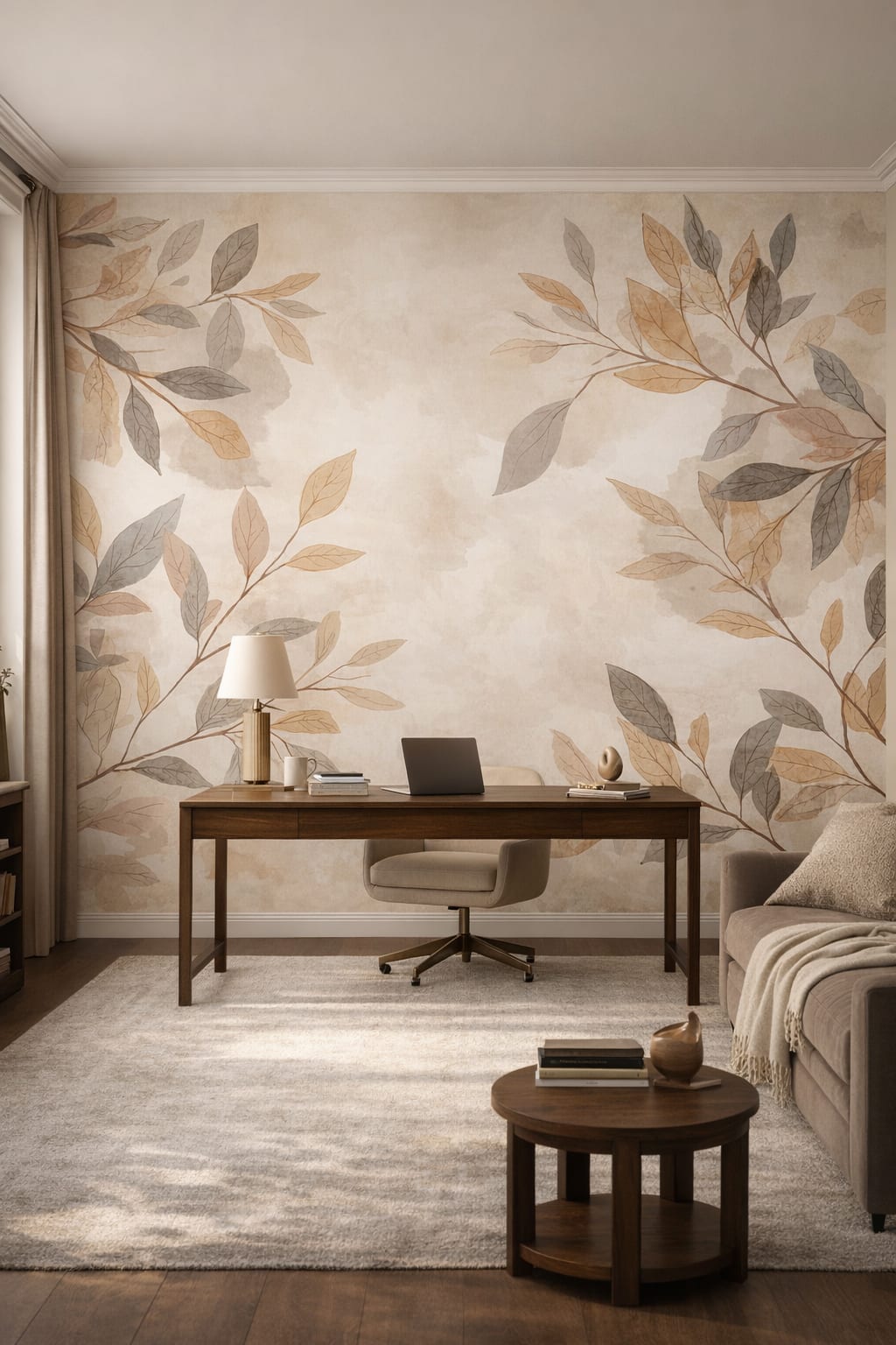 Greige refined botanical leaves - Wall Mural Peel and Stick Wallpaper for Quiet Luxury Executive Home Office.