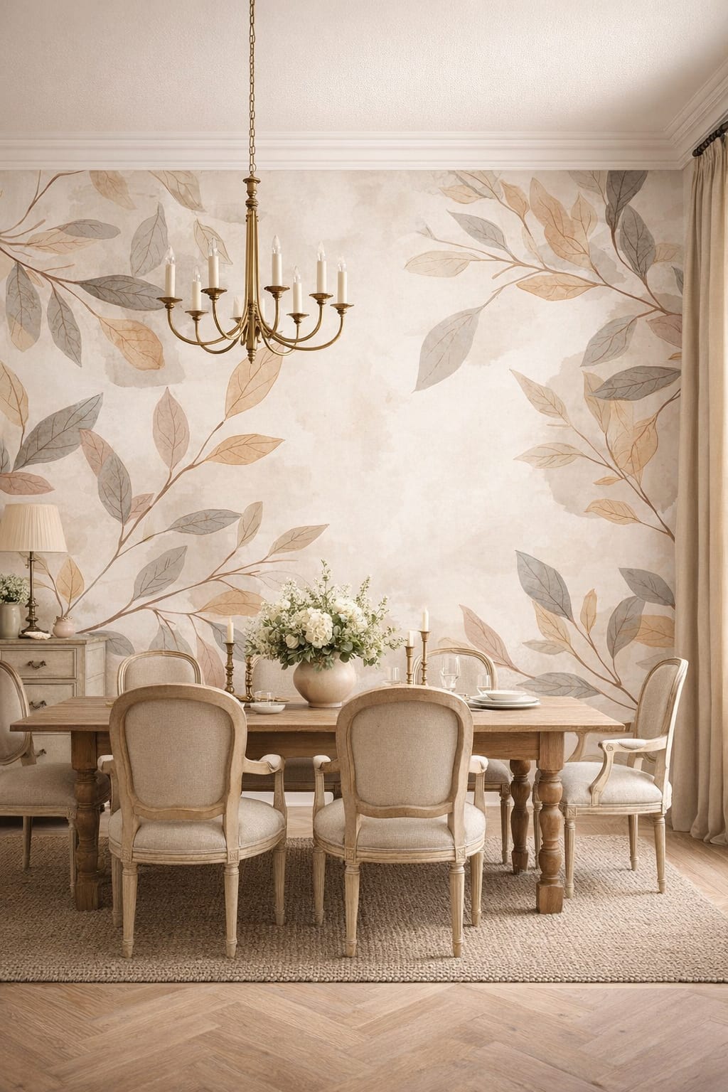 Provincial beige botanical leaves - Wall Mural Peel and Stick Wallpaper for French Country Formal Dining Room.