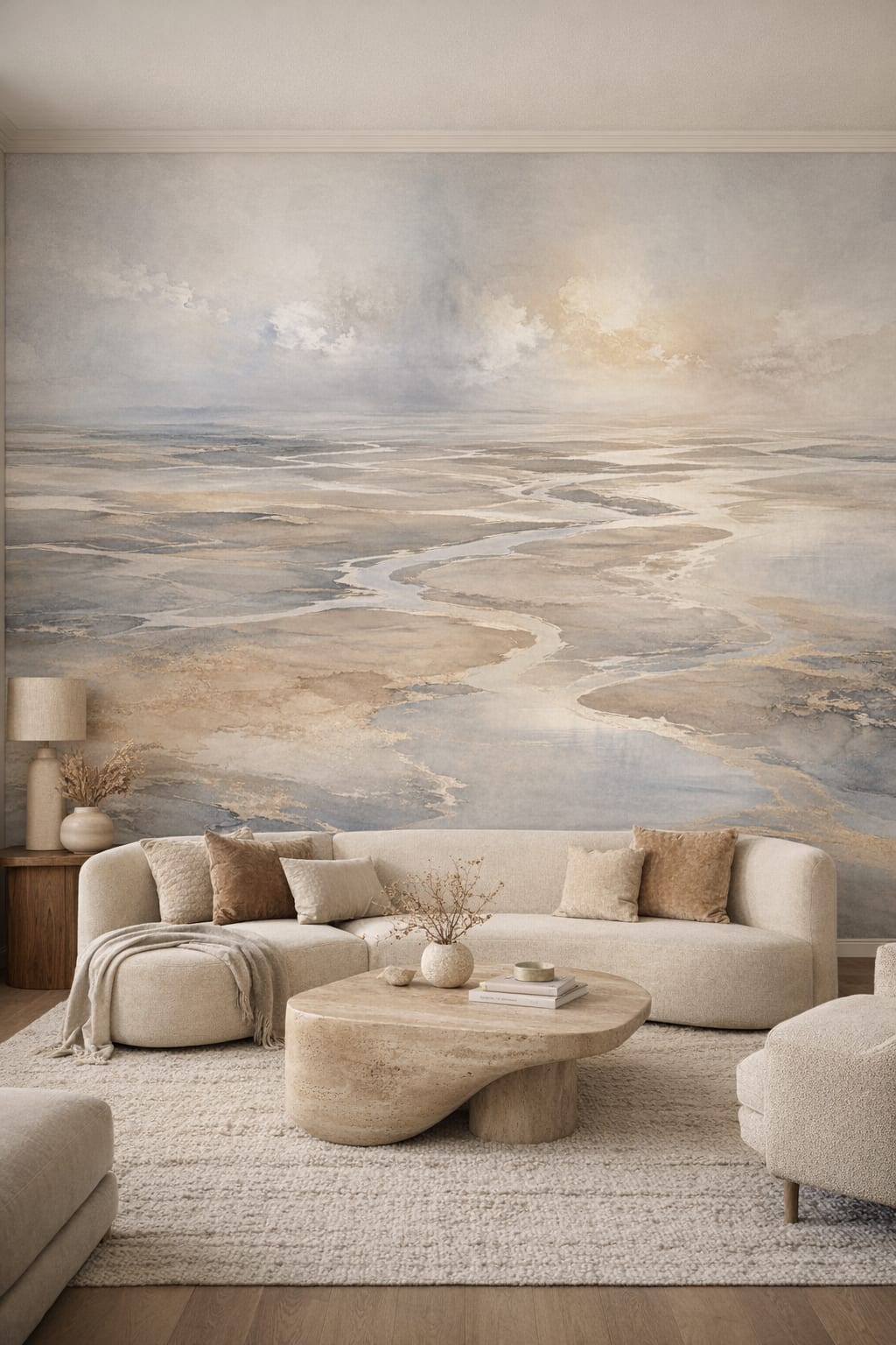 Organic Modern cream-sand tidal waterways - Wall Mural Peel and Stick Wallpaper for Organic Modern Living Room.