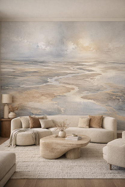 Organic Modern cream-sand tidal waterways - Wall Mural Peel and Stick Wallpaper for Organic Modern Living Room.