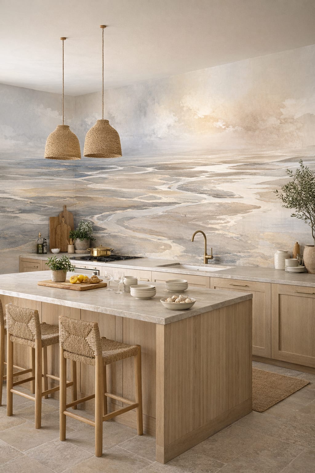 Mediterranean Modern white-sand tidal waterways - Wall Mural Peel and Stick Wallpaper for Mediterranean Modern High-end Kitchen.