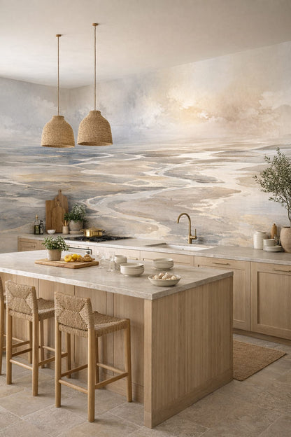 Mediterranean Modern white-sand tidal waterways - Wall Mural Peel and Stick Wallpaper for Mediterranean Modern High-end Kitchen.
