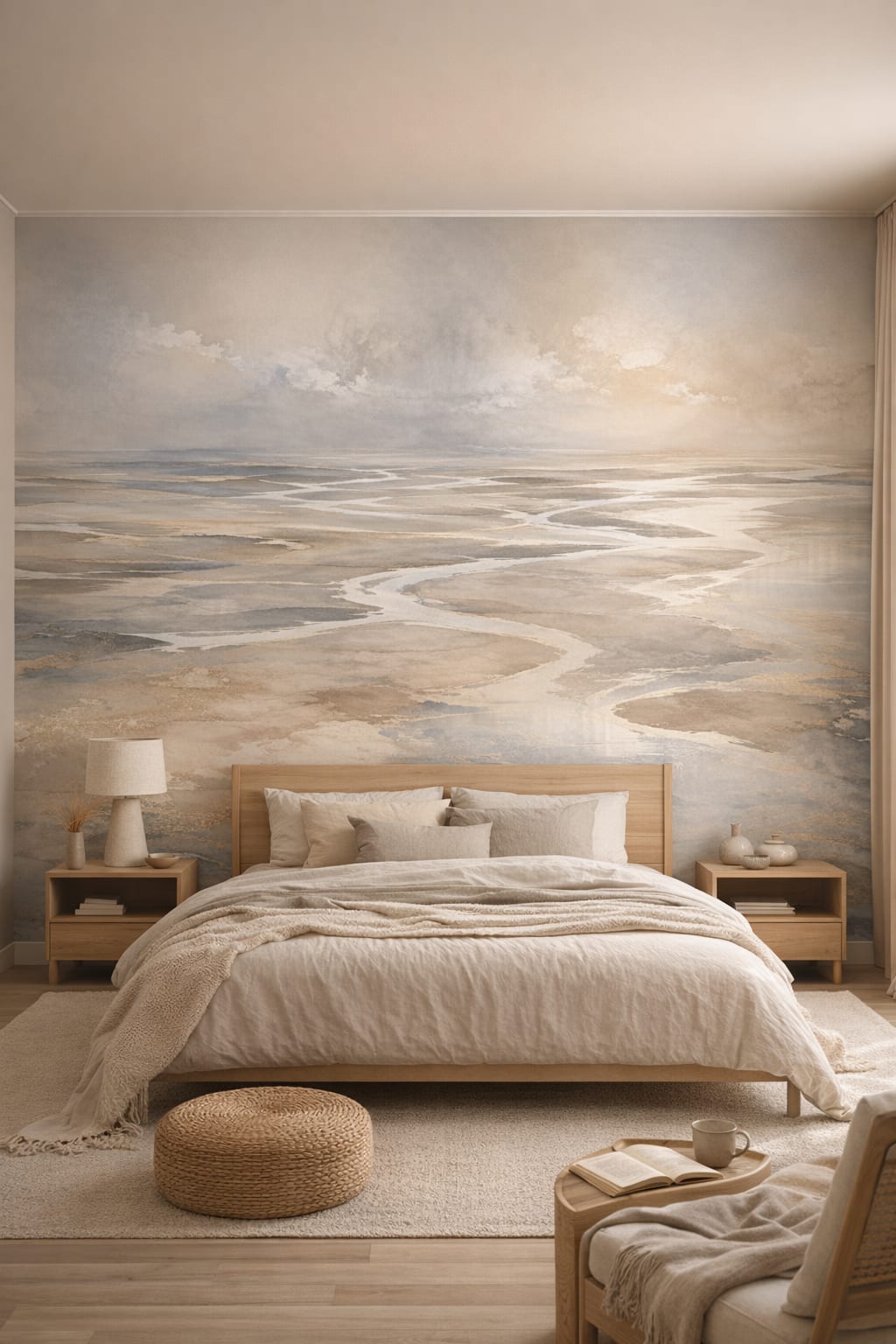 Japandi sand tidal waterways - Wall Mural Peel and Stick Wallpaper for Japandi Master Bedroom.