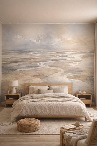 Japandi sand tidal waterways - Wall Mural Peel and Stick Wallpaper for Japandi Master Bedroom.