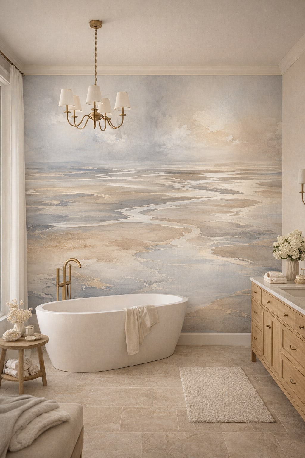 Off-white navy Coastal Grandma tidal waterways - Wall Mural Peel and Stick Wallpaper for Coastal Grandma Luxury Bathroom.
