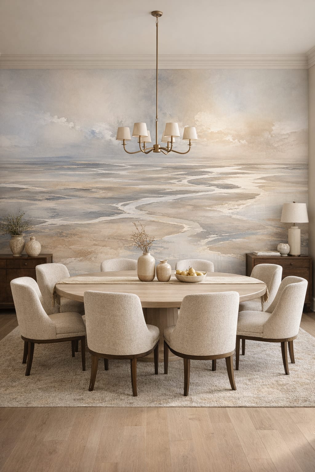 Greige Quiet Luxury tidal waterways - Wall Mural Peel and Stick Wallpaper for Quiet Luxury Formal Dining Room.