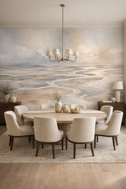 Greige Quiet Luxury tidal waterways - Wall Mural Peel and Stick Wallpaper for Quiet Luxury Formal Dining Room.