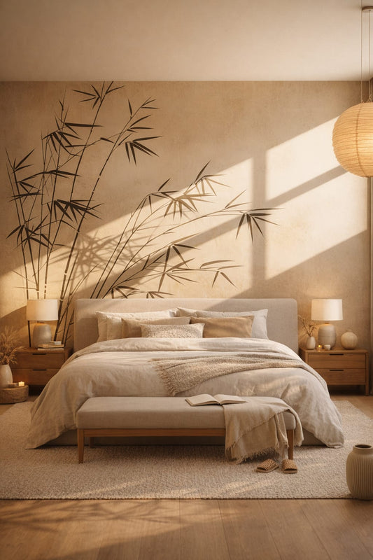Zen neutral-toned bamboo shadows featuring window light - Wall Mural Peel and Stick Wallpaper for Zen Master Bedroom.