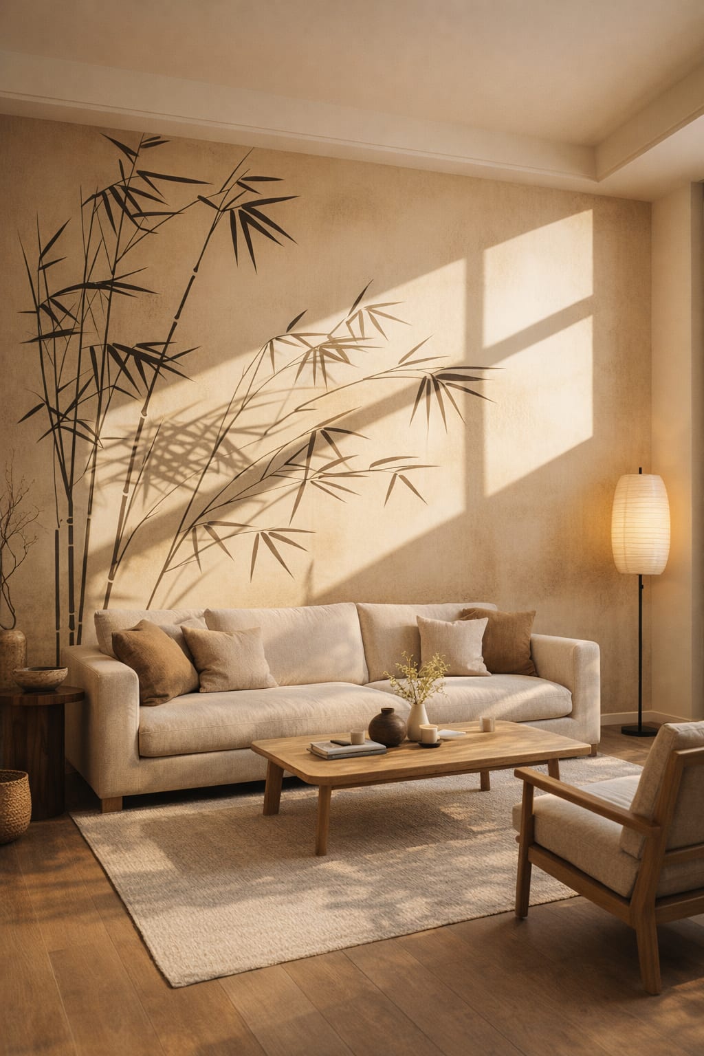 Japandi sand-toned bamboo shadows featuring window light - Wall Mural Peel and Stick Wallpaper for Japandi Living Room.