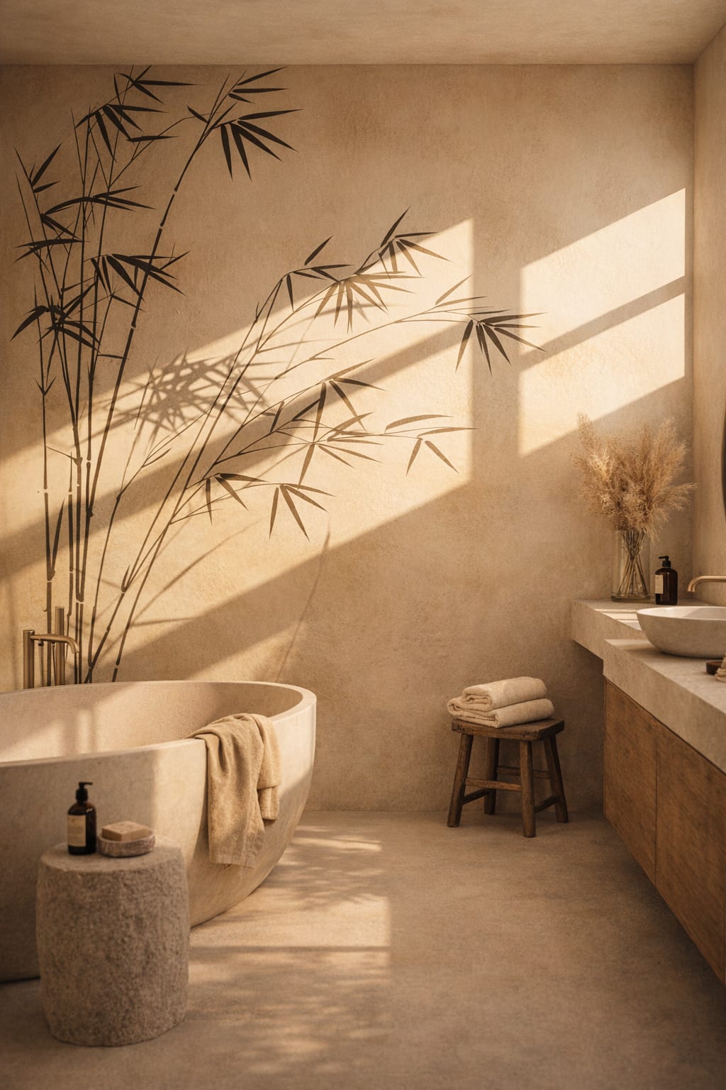 Wabi-sabi muted-earth bamboo shadows featuring window light - Wall Mural Peel and Stick Wallpaper for Wabi-sabi Luxury Bathroom.