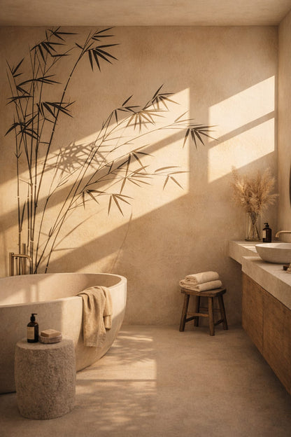 Wabi-sabi muted-earth bamboo shadows featuring window light - Wall Mural Peel and Stick Wallpaper for Wabi-sabi Luxury Bathroom.