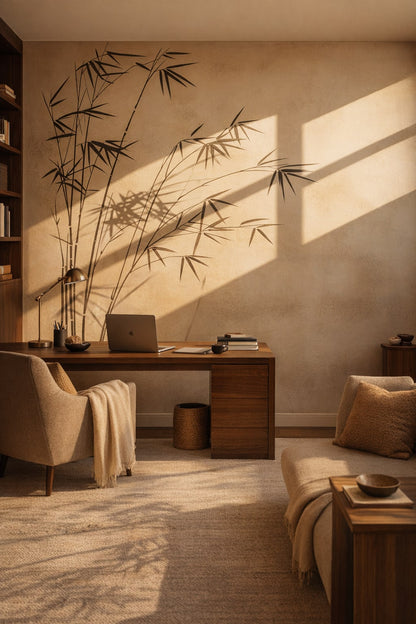 Cream-toned Organic Modern bamboo shadows featuring window light - Wall Mural Peel and Stick Wallpaper for Organic Modern Executive Home Office.
