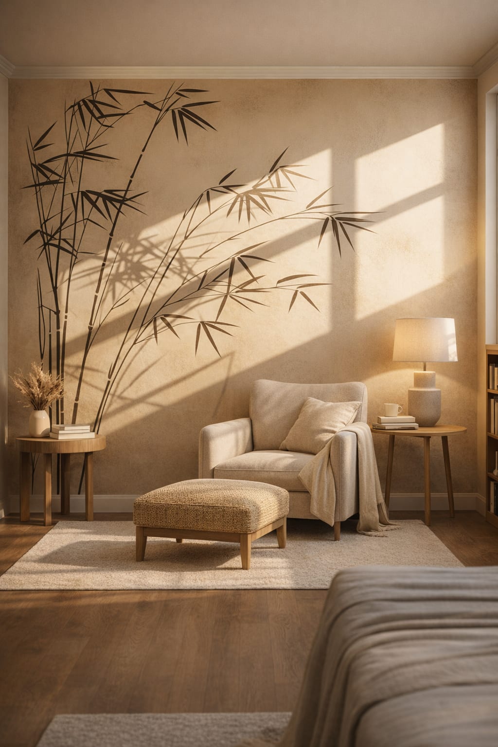 Minimalist beige bamboo shadows featuring window light - Wall Mural Peel and Stick Wallpaper for Minimalist Reading Nook.