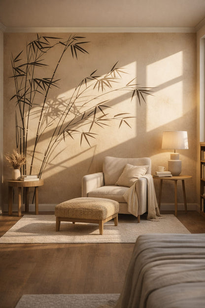 Minimalist beige bamboo shadows featuring window light - Wall Mural Peel and Stick Wallpaper for Minimalist Reading Nook.