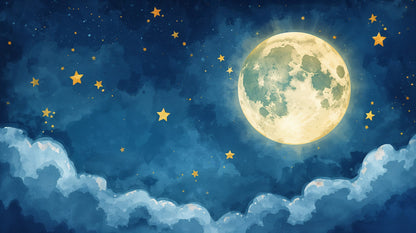 Dreamy whimsical Navy Blue moon featuring stars and clouds - Wall Mural & Peel and Stick Wallpaper for Watercolor Nursery or Kids Room.