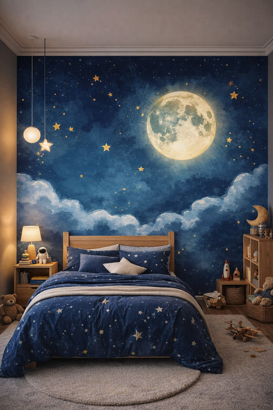 Celestial navy Moonlit charcoal moon featuring stars - Wall Mural Peel and Stick Wallpaper for Outer Space / Celestial Kids Bedroom.