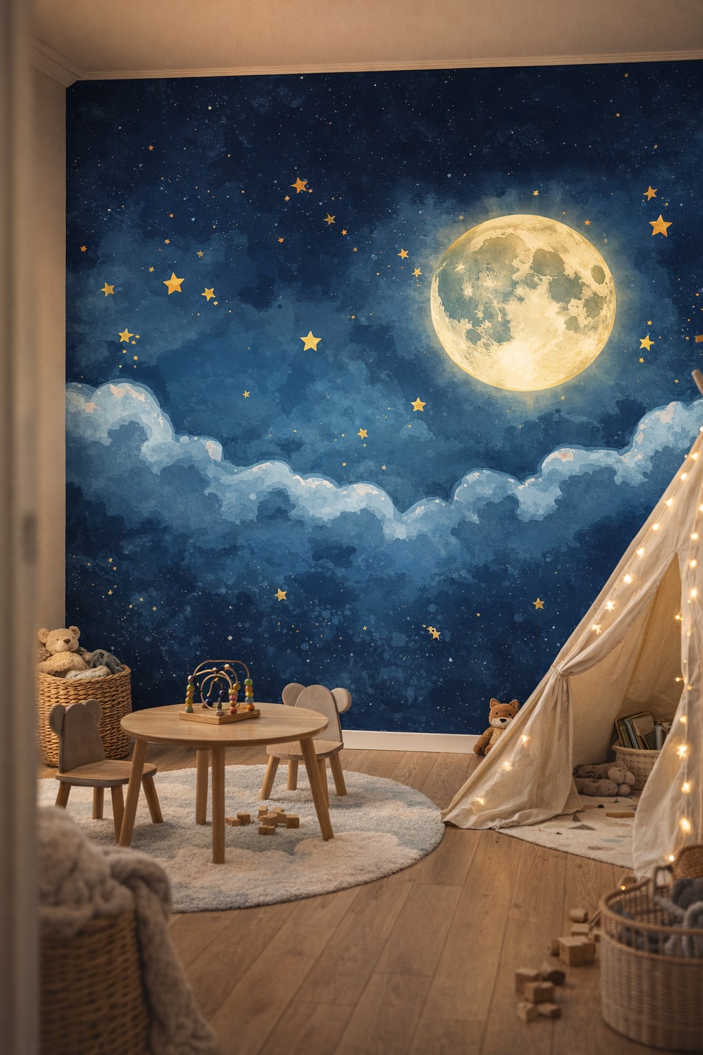 Scandi Kids birch-toned moon featuring stars - Wall Mural Peel and Stick Wallpaper for Scandi Kids Playroom.