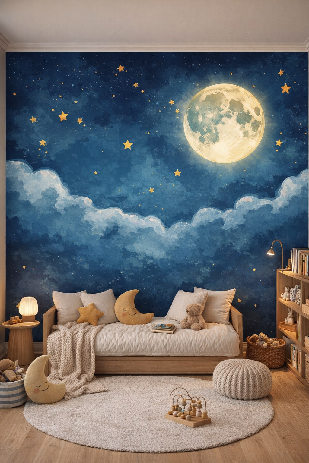 Modern Montessori neutrals moon featuring stars - Wall Mural Peel and Stick Wallpaper for Modern Montessori Reading Corner.
