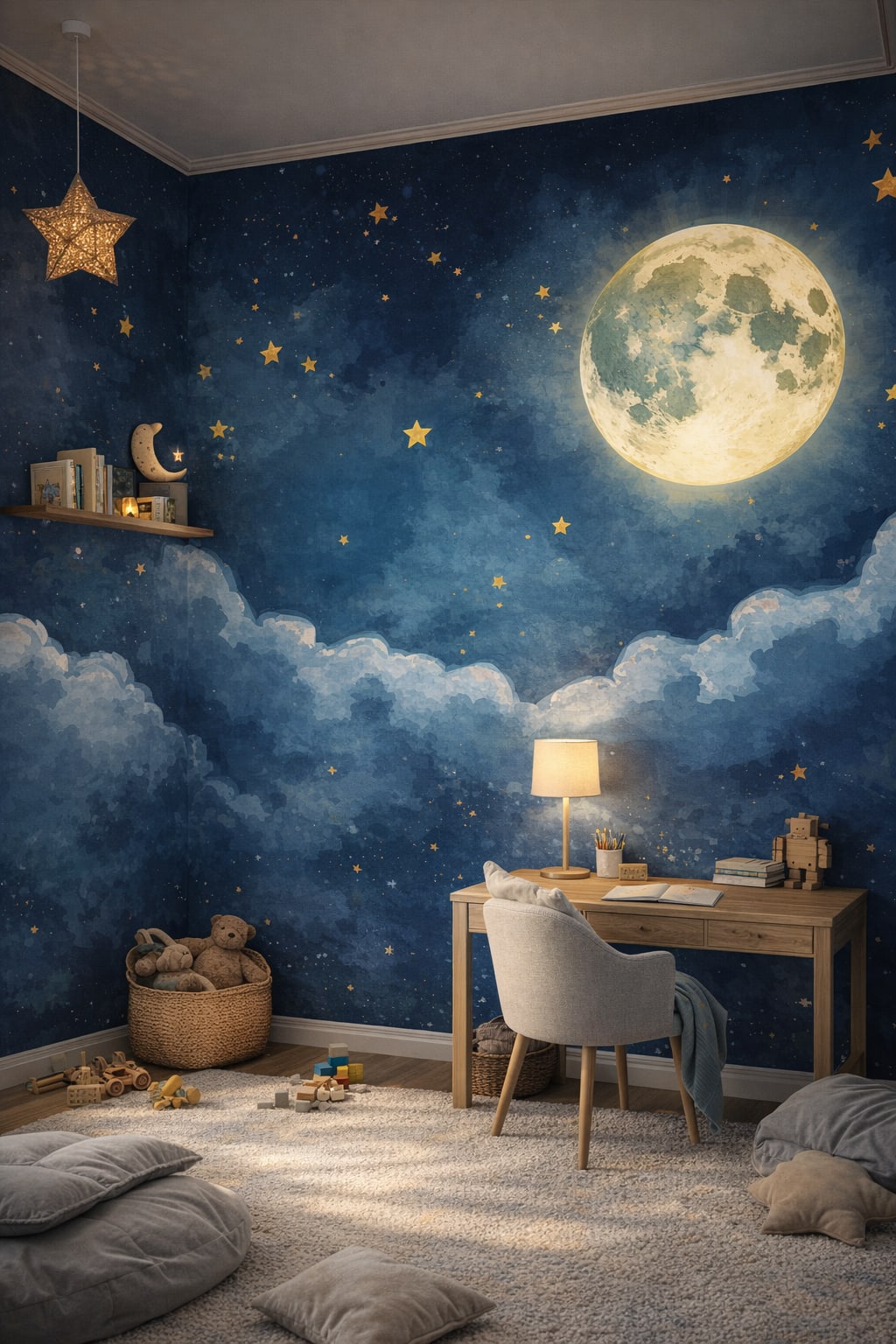 Gender-Neutral Contemporary gray-yellow moon featuring stars - Wall Mural Peel and Stick Wallpaper for Gender-Neutral Contemporary Homework / Study Corner.