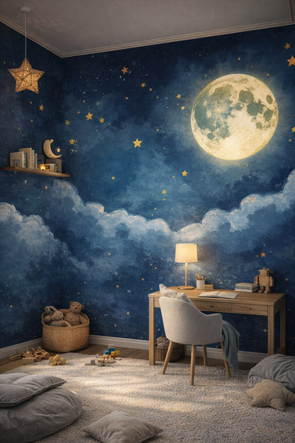 Gender-Neutral Contemporary gray-yellow moon featuring stars - Wall Mural Peel and Stick Wallpaper for Gender-Neutral Contemporary Homework / Study Corner.