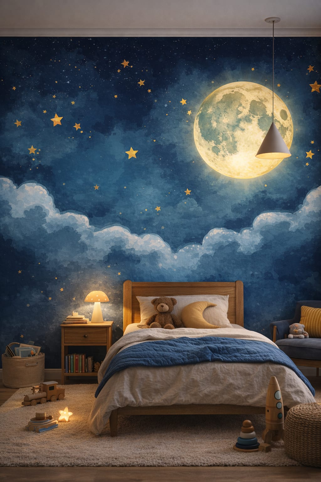 Teal walnut moon featuring stars - Wall Mural Peel and Stick Wallpaper for Mid-century Kids Kids Bedroom.