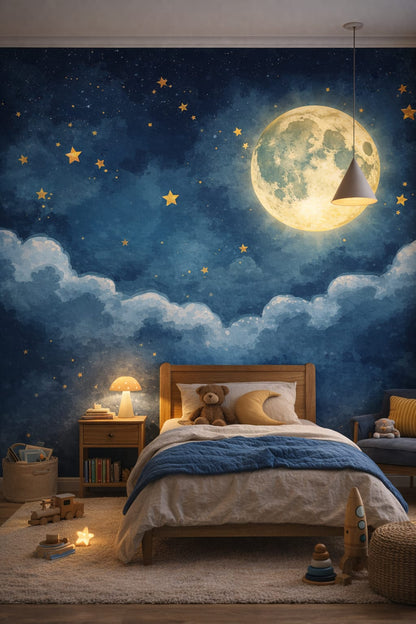 Teal walnut moon featuring stars - Wall Mural Peel and Stick Wallpaper for Mid-century Kids Kids Bedroom.