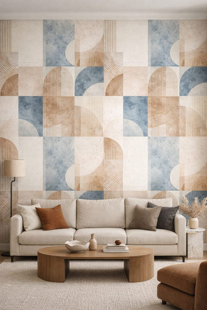 Bauhaus modern, white primary geometric blocks featuring arch shapes - Peel and Stick Wallpaper for Bauhaus Living Room.