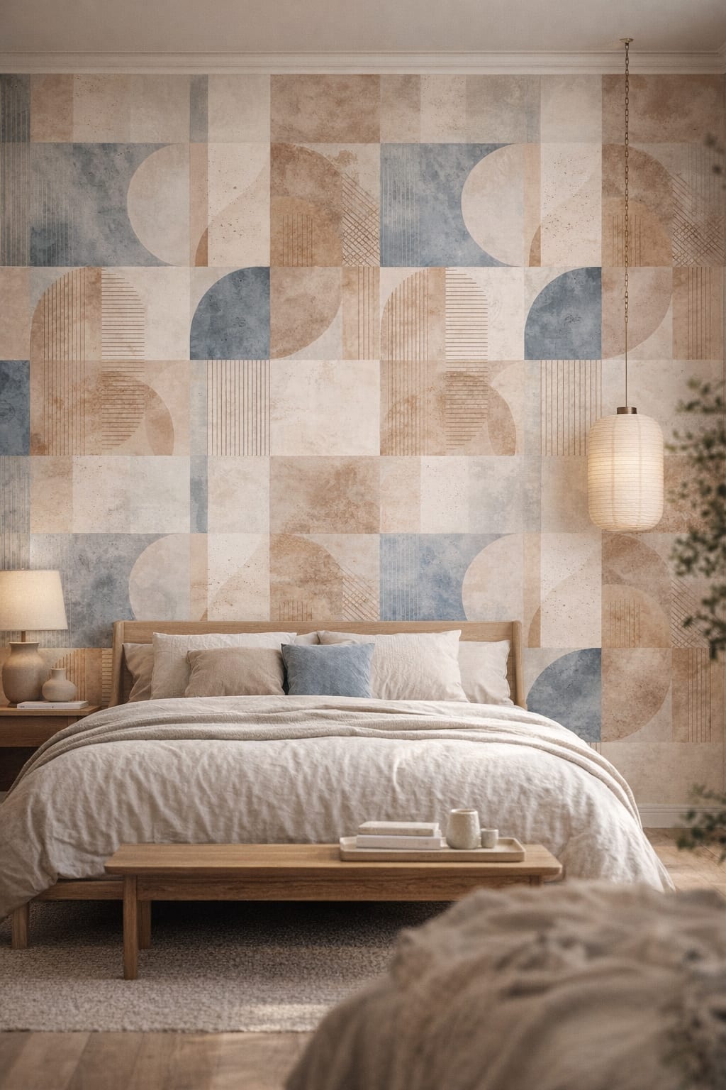Sand Japandi geometric blocks featuring arch shapes - Peel and Stick Wallpaper for Japandi Master Bedroom.