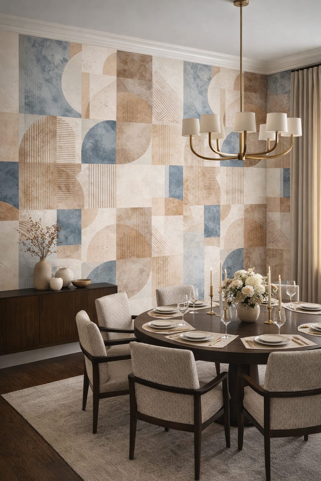 Luxury Contemporary neutral-stone geometric blocks featuring arch shapes - Peel and Stick Wallpaper for Luxury Contemporary Formal Dining Room.