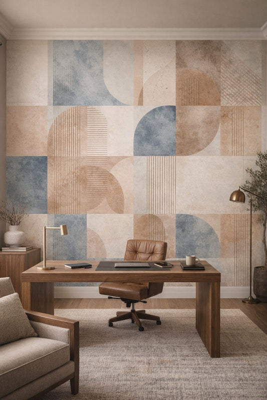 Soft Industrial greige geometric blocks featuring arch shapes - Peel and Stick Wallpaper for Soft Industrial Executive Home Office.