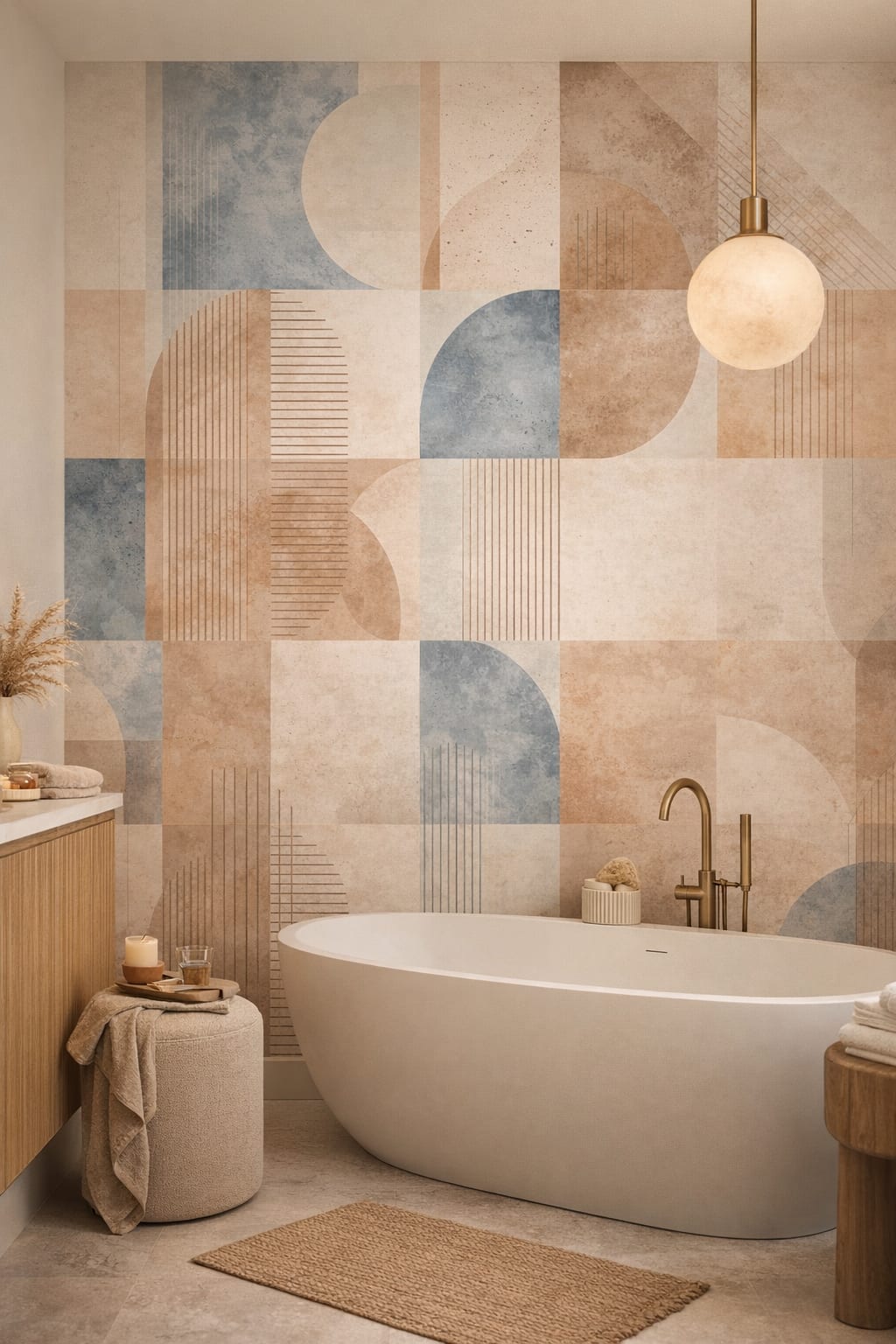 Organic Modern cream geometric blocks pattern featuring arch shapes - Peel and Stick Wallpaper for Organic Modern Luxury Bathroom.