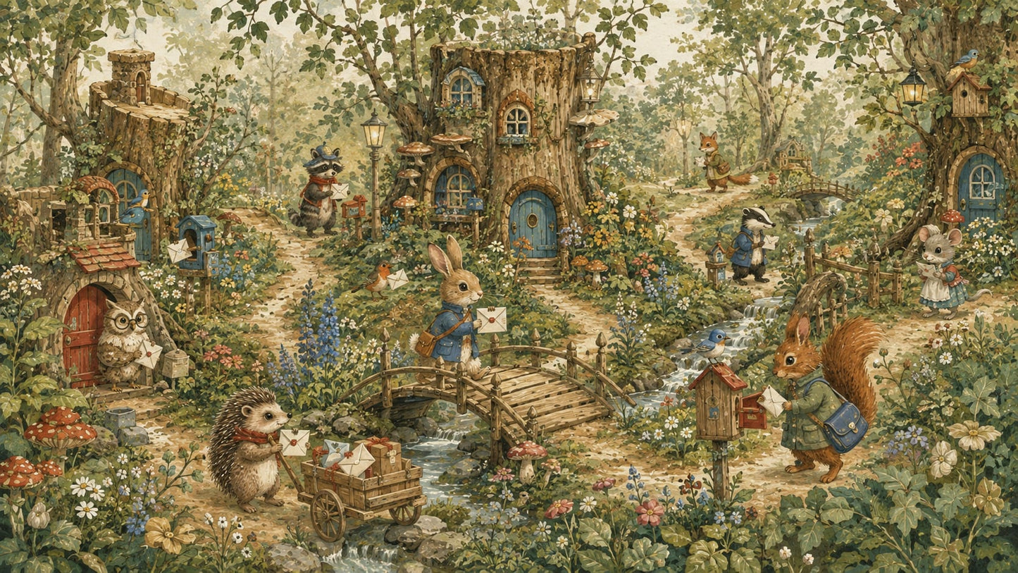 Whimsical Storybook Sage Green Woodland Animals featuring forest village and garden florals - Wall Mural & Peel and Stick Wallpaper for Illustrated Nursery or Kids Room