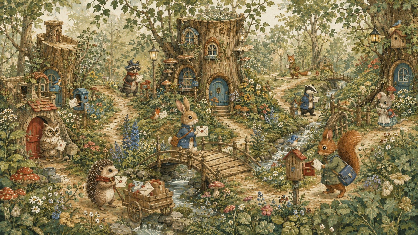 Whimsical Storybook Sage Green Woodland Animals featuring forest village and garden florals - Wall Mural & Peel and Stick Wallpaper for Illustrated Nursery or Kids Room