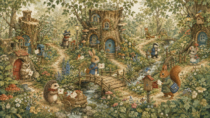 Whimsical Storybook Sage Green Woodland Animals featuring forest village and garden florals - Wall Mural & Peel and Stick Wallpaper for Illustrated Nursery or Kids Room