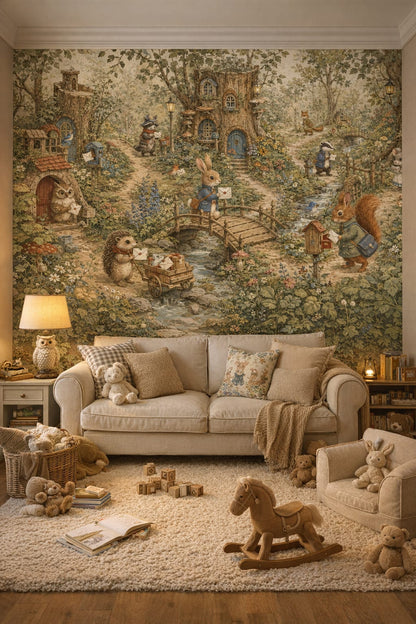 Classic Storybook dusty rose woodland animals featuring forest village - Wall Mural Peel and Stick Wallpaper for Classic Storybook Reading Corner.