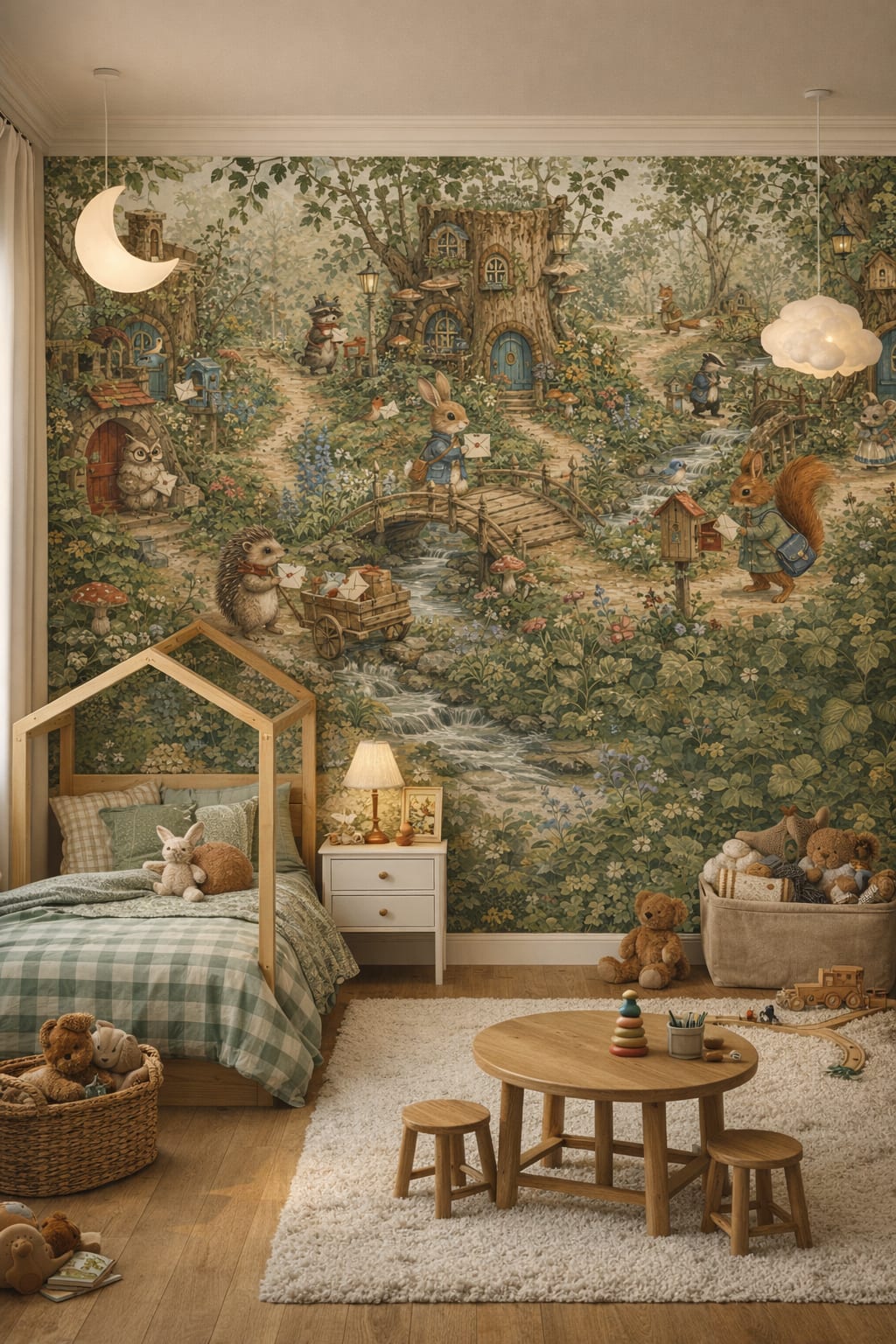 Moss green, forest woodland animals featuring a forest village - Wall Mural Peel and Stick Wallpaper for Woodland / Forest Kids Bedroom.