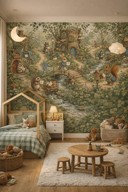 Moss green, forest woodland animals featuring a forest village - Wall Mural Peel and Stick Wallpaper for Woodland / Forest Kids Bedroom.