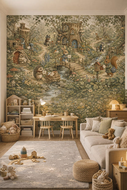 Scandi Kids white woodland animals featuring forest village - Wall Mural Peel and Stick Wallpaper for Scandi Kids Homework / Study Corner.