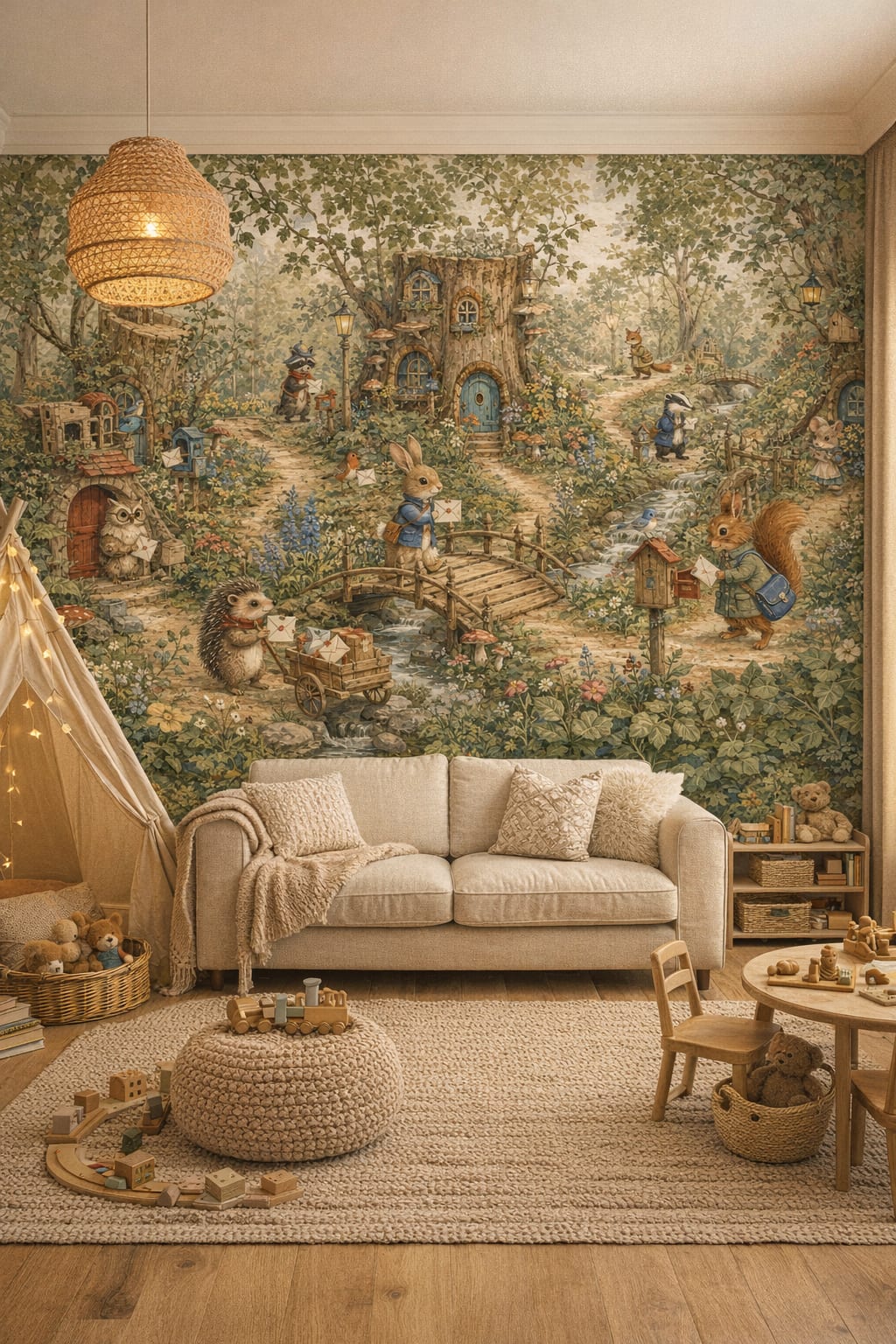 Boho sage woodland animals featuring forest village - Wall Mural Peel and Stick Wallpaper for Whimsical Boho Playroom.