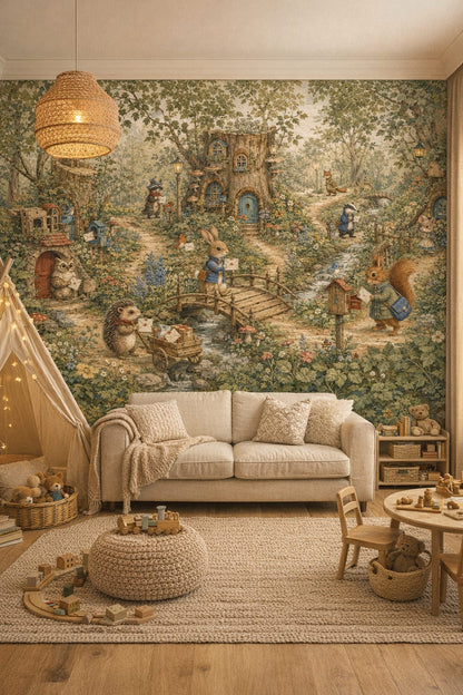 Boho sage woodland animals featuring forest village - Wall Mural Peel and Stick Wallpaper for Whimsical Boho Playroom.