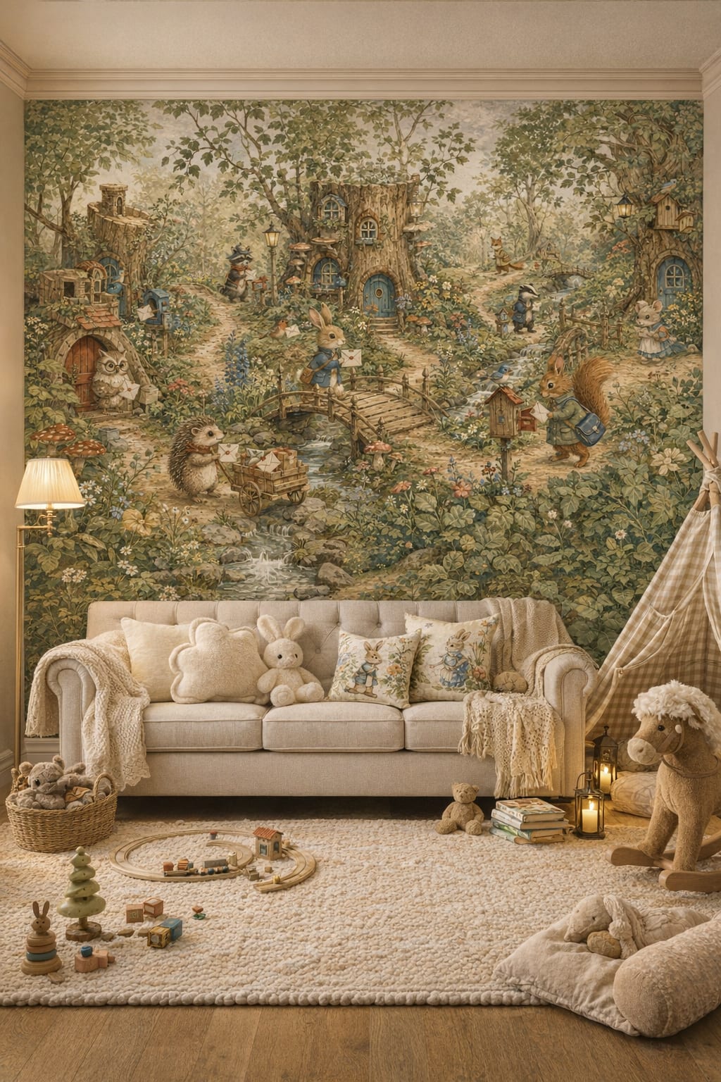 English Garden rose woodland animals featuring forest village - Wall Mural Peel and Stick Wallpaper for English Garden Nursery Reading Corner.