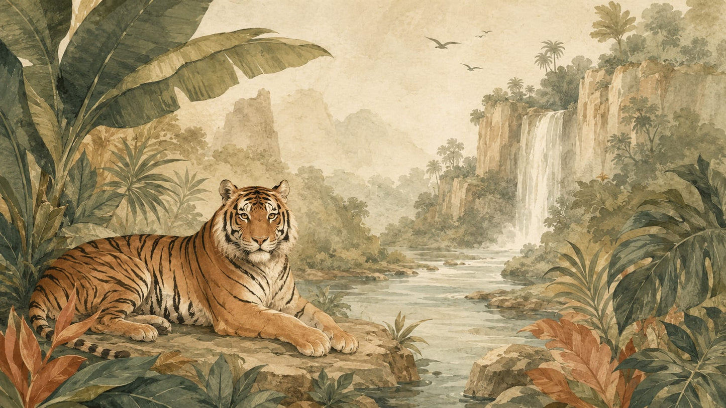 Painterly serene Beige tiger featuring waterfall and tropical foliage - Wall Mural & Peel and Stick Wallpaper for Painterly Interiors and Premium Home Styling