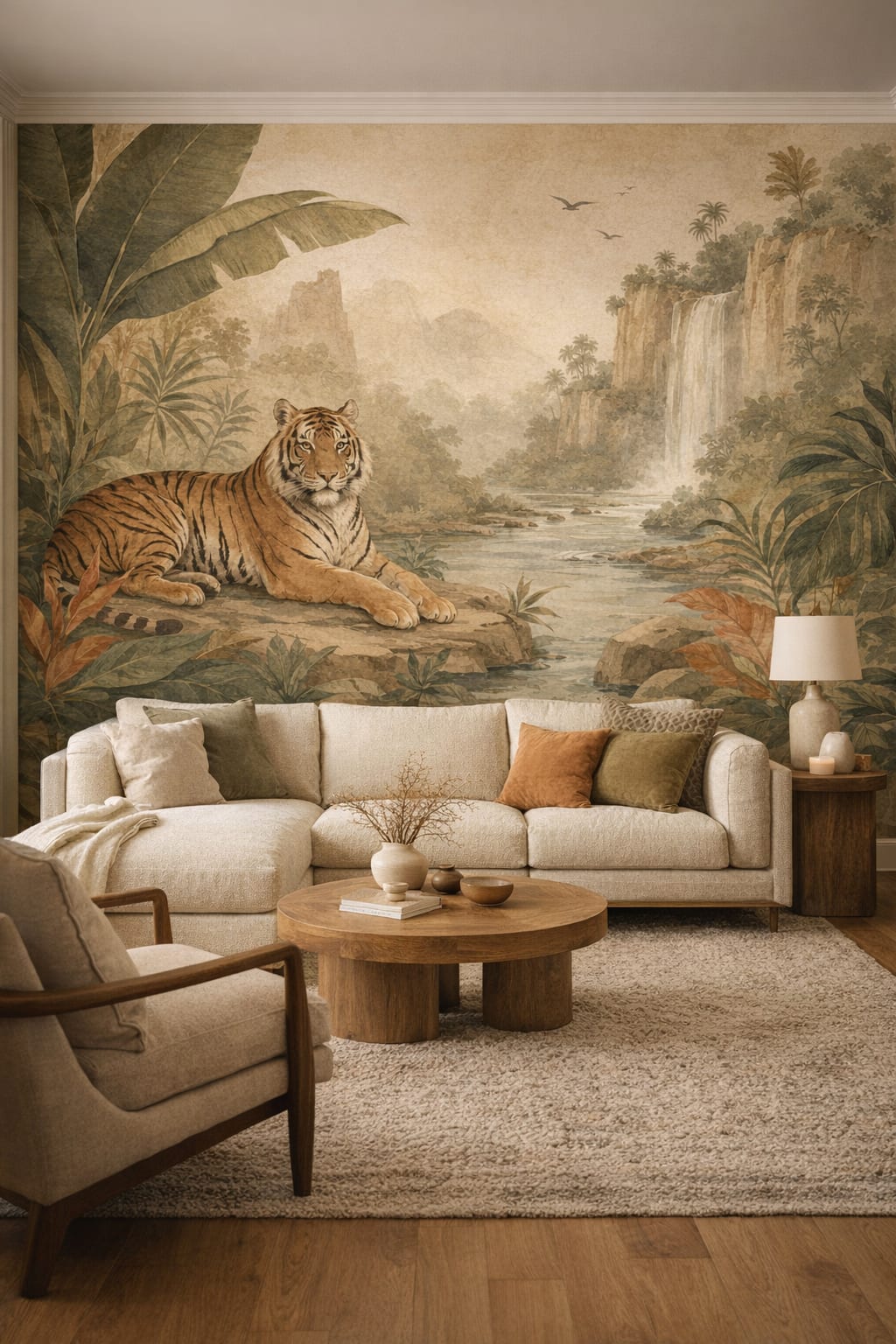 Organic Modern cream tiger featuring waterfall - Wall Mural Peel and Stick Wallpaper for Organic Modern Living Room.