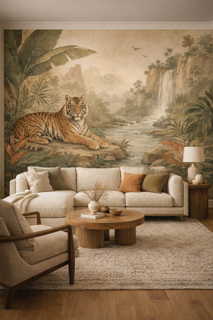 Organic Modern cream tiger featuring waterfall - Wall Mural Peel and Stick Wallpaper for Organic Modern Living Room.