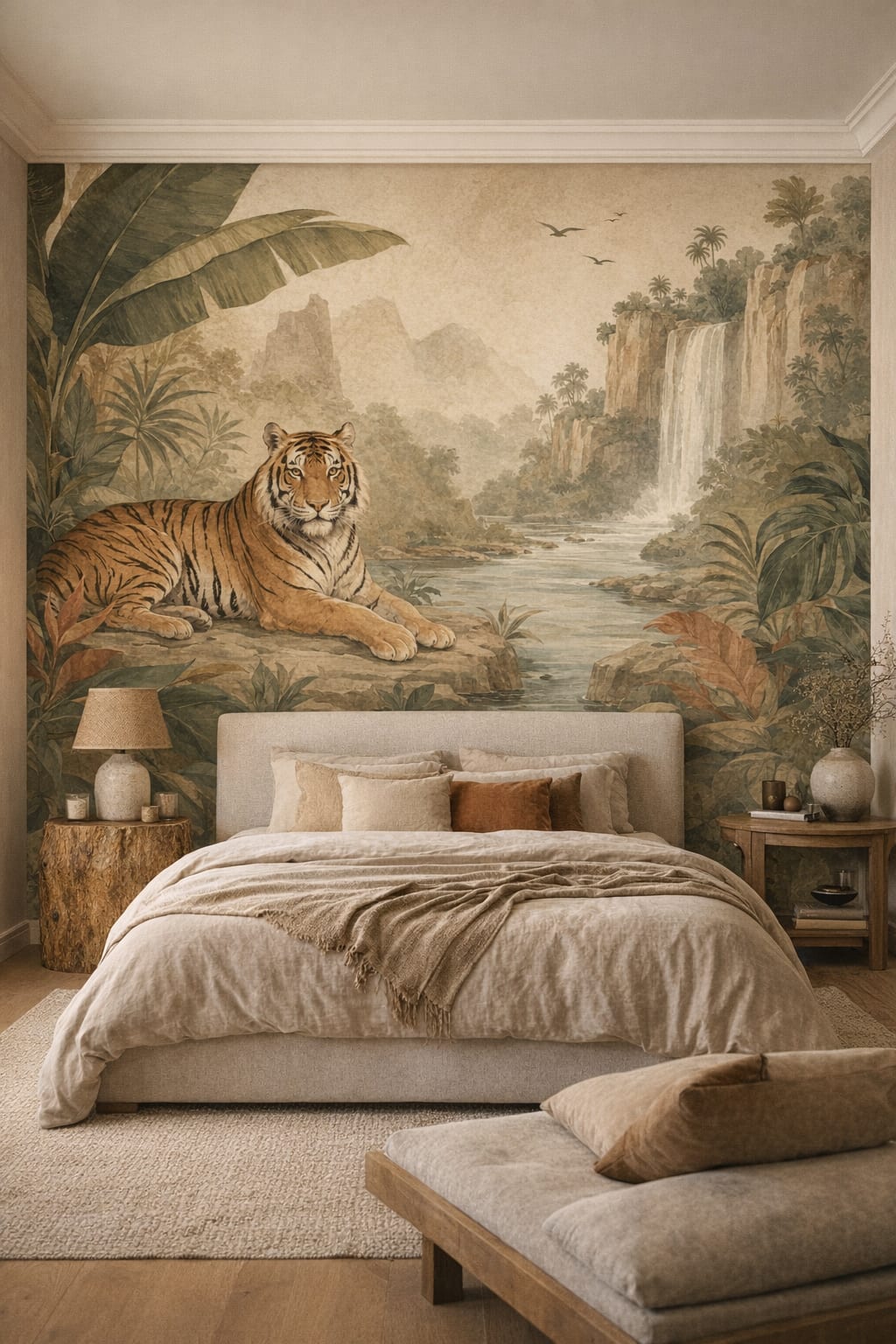 Wabi-sabi muted-earth tiger featuring waterfall - Wall Mural Peel and Stick Wallpaper for Wabi-sabi Master Bedroom.