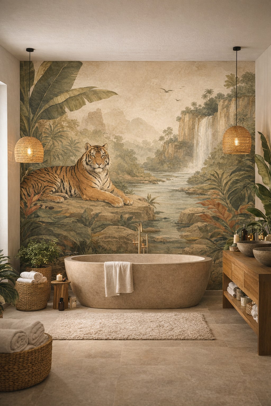 Tropical Modern white-green tiger featuring river landscape - Wall Mural Peel and Stick Wallpaper for Tropical Modern Luxury Bathroom.