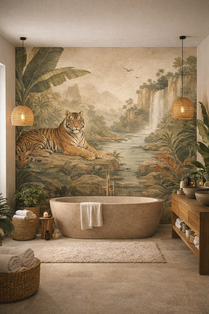 Tropical Modern white-green tiger featuring river landscape - Wall Mural Peel and Stick Wallpaper for Tropical Modern Luxury Bathroom.