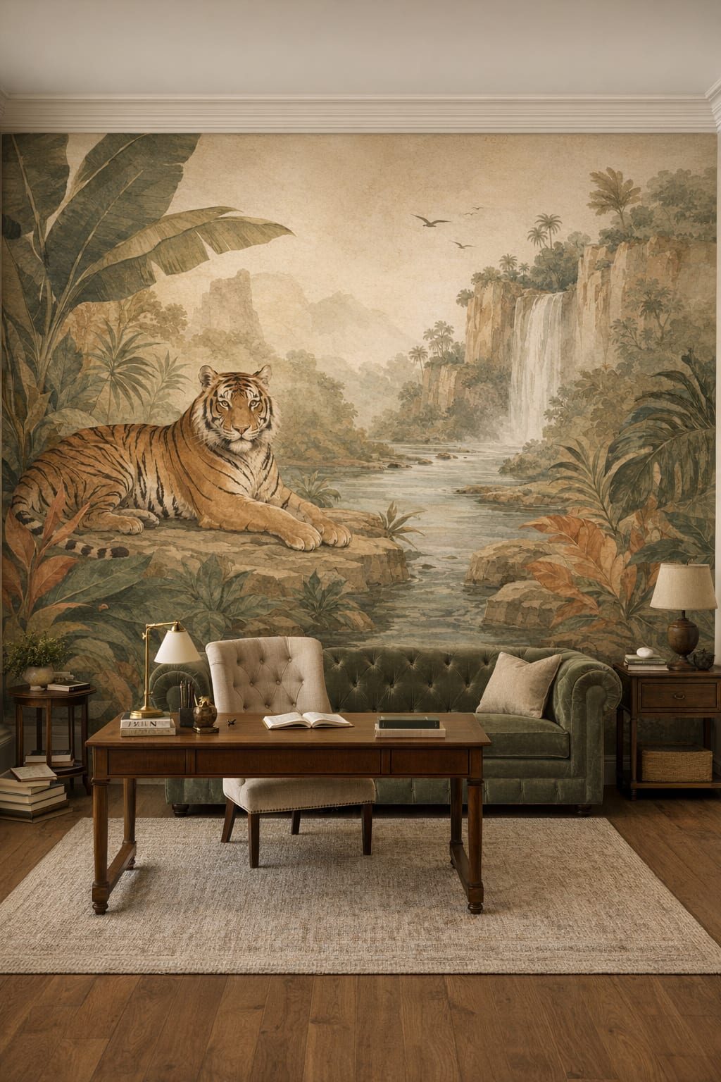Scholarly cream tiger featuring waterfall - Wall Mural Peel and Stick Wallpaper for Light Academia Executive Home Office.
