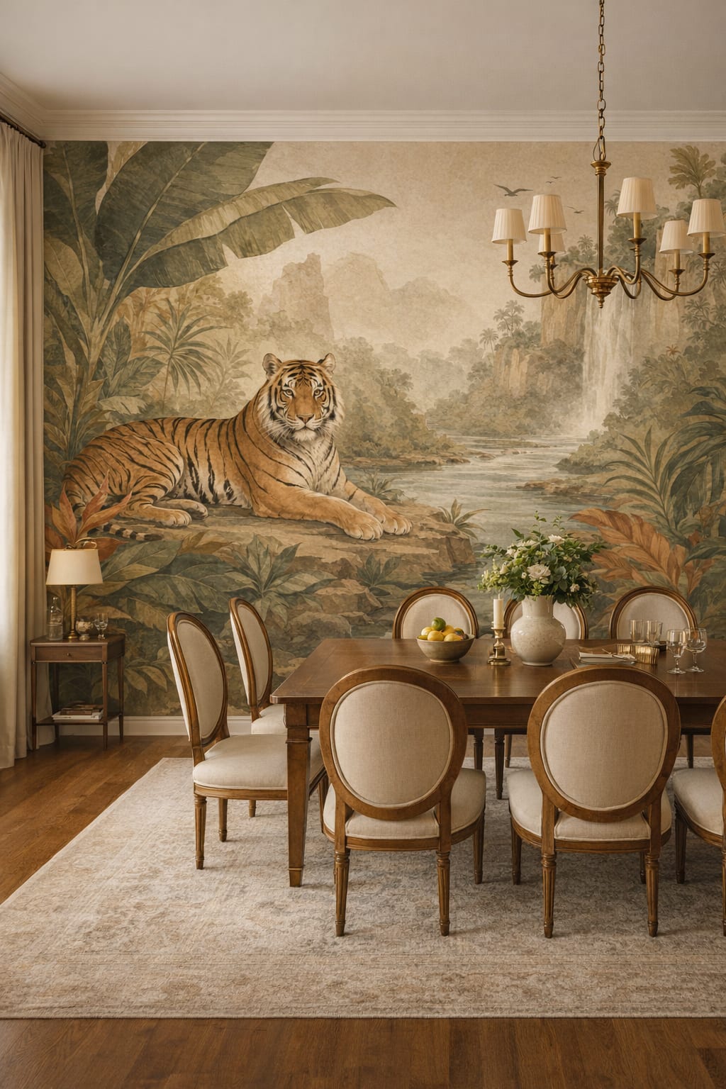 Classic cream tiger featuring waterfall - Wall Mural Peel and Stick Wallpaper for Modern Classic Formal Dining Room.
